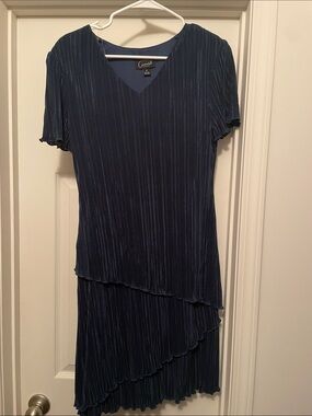 Connected Apparel Navy Pleated Asymmetrical Tiered Dress